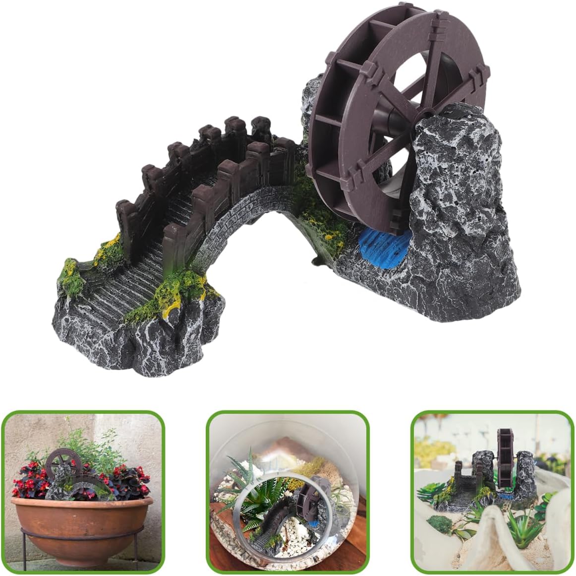 Yardwe Windmill Water Wheel Oxygen Pump 7.08X5.90X4.72In Mini Aquarium Decoration Resin Fish Tank Bridge Ornament for Indoor Outdoor Garden Pond