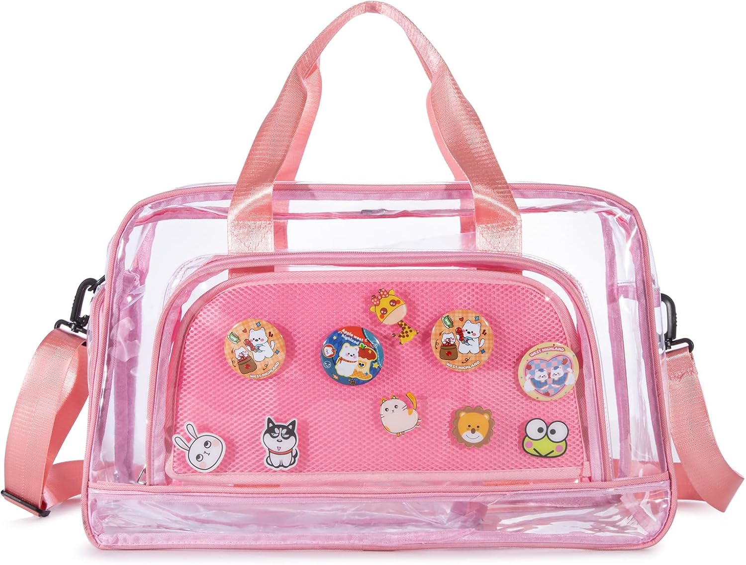 Clear Duffle Bag for Women with Anime Pins Display & Shoe Compartment, Waterproof and Convertible Crossbody for Anime Conventions, Stadium Events, Yoga, Travel & Gym (pink)