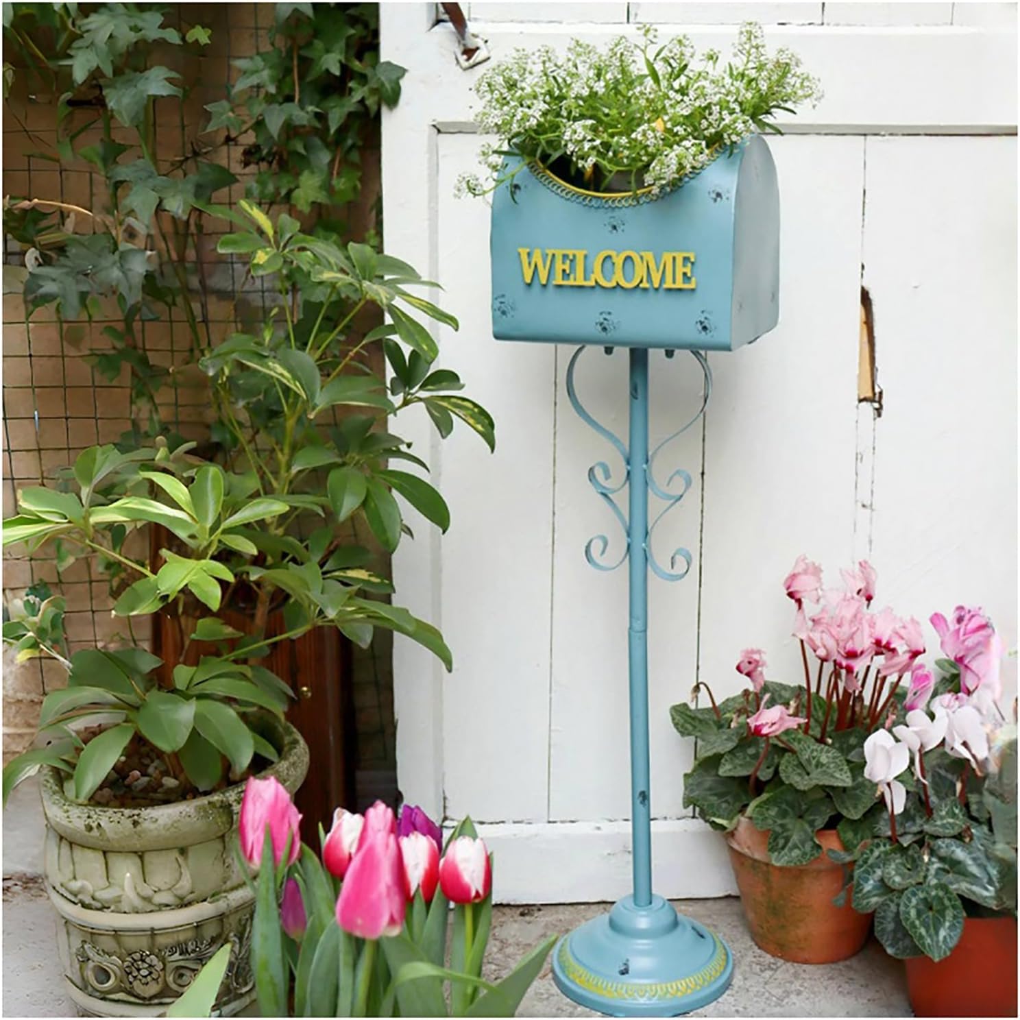 Metal Plant Stands Indoor Outdoor, Outdoor Rustic Farmhouse Home Decor, Welcome Porch Sign, Iron Flower Pot Holder Display Rack for Patio Porch Living Room Garden Balcony (Aquamarine)