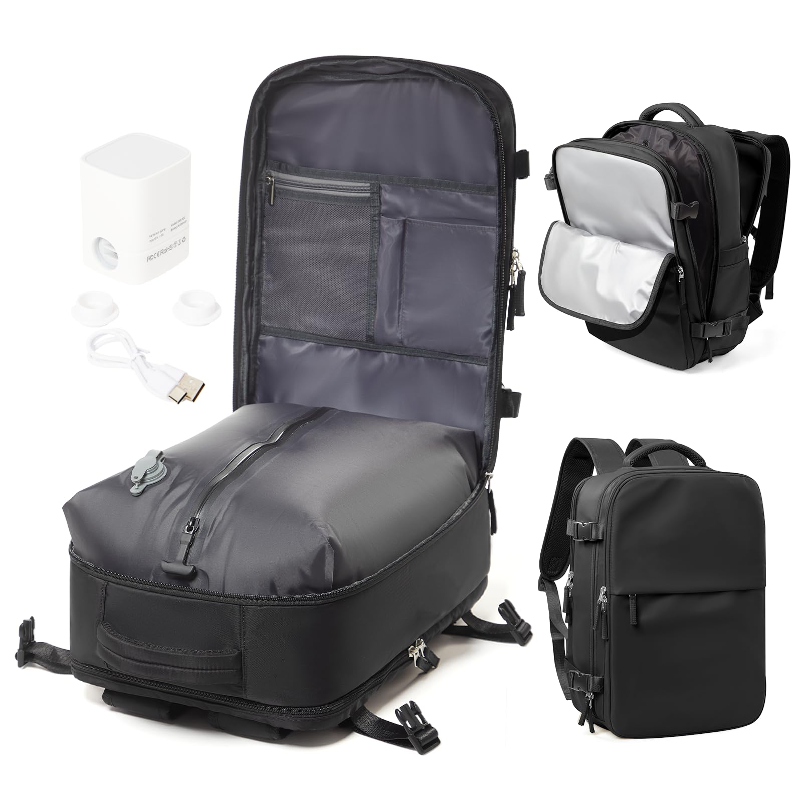Vakuum Rucksack Handgepäck Flugzeug mit Schuhfach, Ryanair Reiserucksack Handgepäck mit Vakuumsystem, Rucksack Wasserdicht für Damen Herren Große(Schwarz)