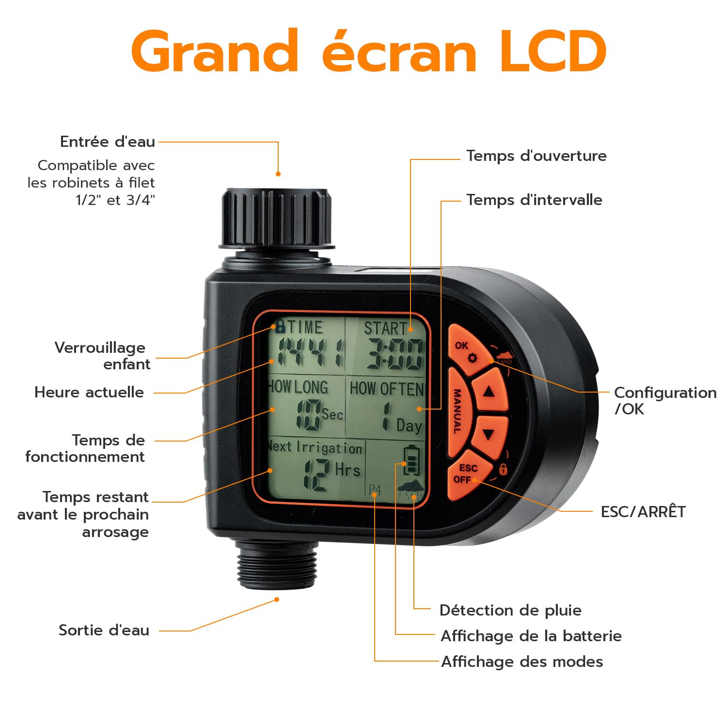 Mcbazel Programmateur Arrosage Automatique IP65 avec Grand Écran LCD Minuteur Jardin