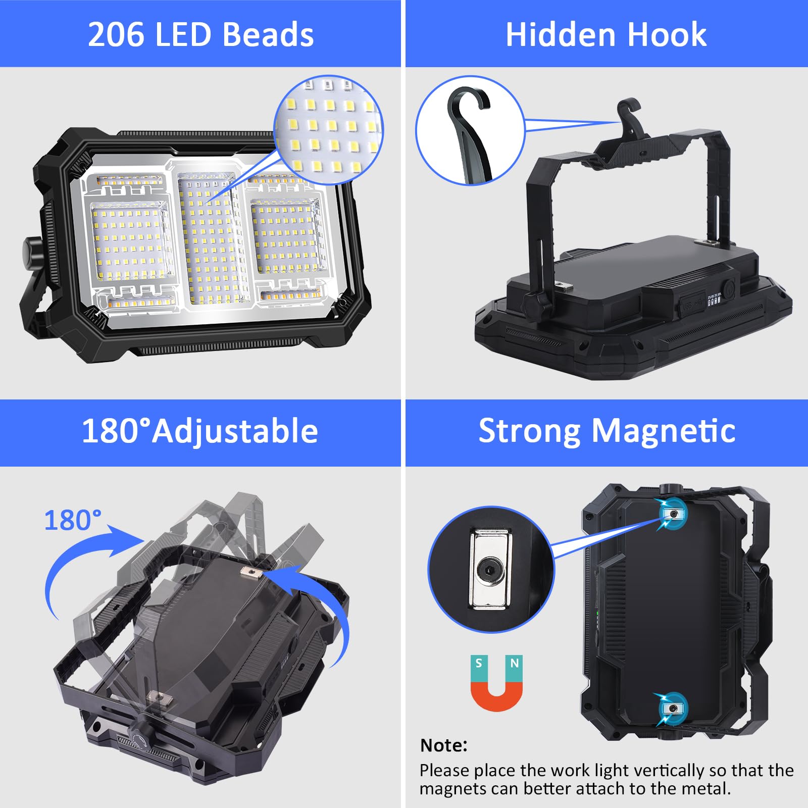 MASMEJOR Projecteur LED Rechargeable, 10000mAh, 8000LM, Base Magnétique | 80W, 206 LEDs, 5 Modes d'éclairage, Sortie USB, IP53, Portable pour Camping, Pêche, Chantier, Garage, Urgences
