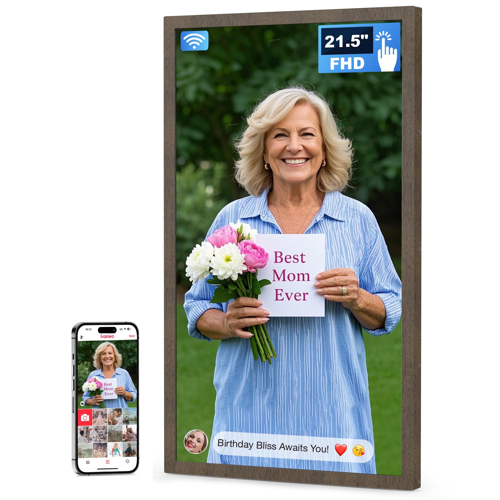 Arktronic Frameo 21.5 Inch Large Digital Photo Frame with FHD IPS Touchscreen, WiFi Digital Picture Frame 32GB, Wall Mountable, Share Photo/Video via Apps, Email, USB/Mirco SD, Dark Wood Pattern