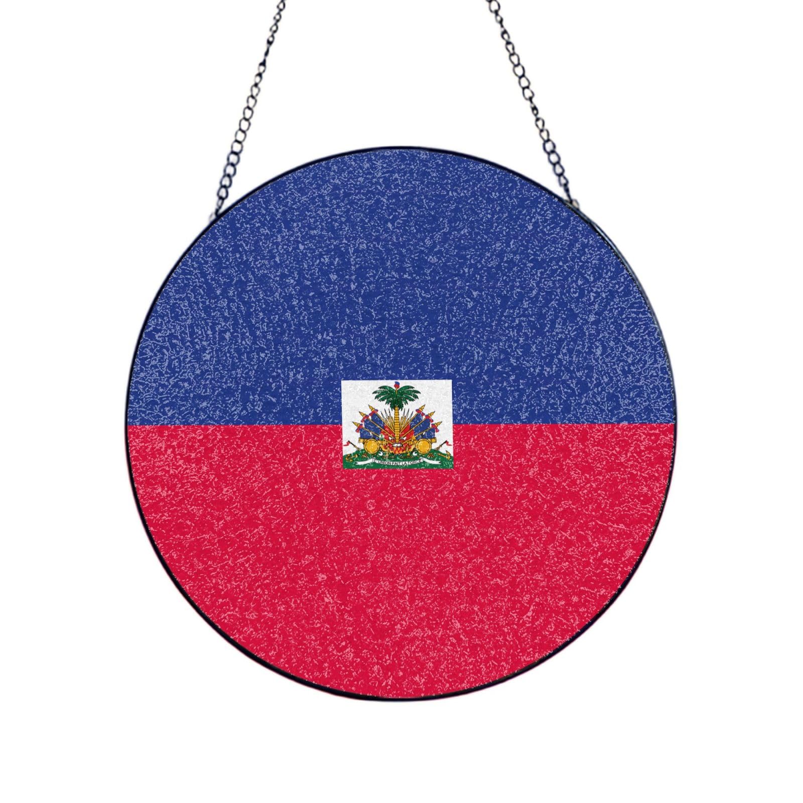 Phayah Haitian Flag Print Glass Window Hanging Sun Catchers Suncatcher Decor For Birthday For Home Garden Porch 12in（30cm）