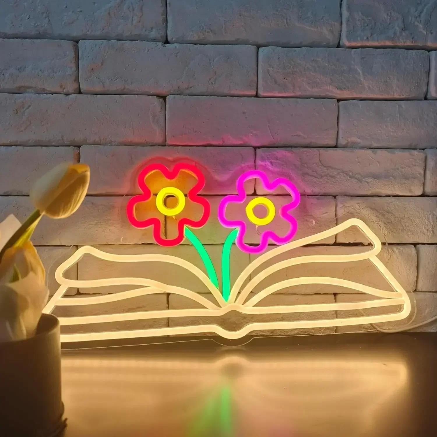 LEMST Sign Lamp Book and Flowers Neon Signs, USB-Powered, Decor Kids Room, Dorm Room, Bedroom, Shop Store, Parties 22cmх44cm