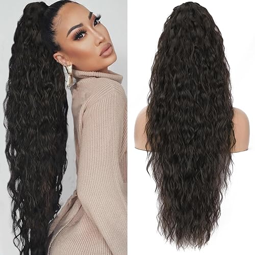 KooKaStyle Extensiones de cola de caballo largas onduladas con cordón sintético con clip en cola de caballo de 26 pulgadas, extensiones de cola de