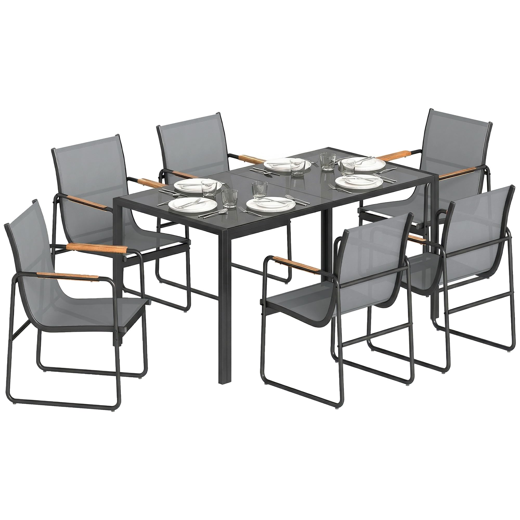 Outsunny 7-teiliges Outdoor-Esszimmer-Set für 6 Personen, Glastisch und Stühle mit dekorativen Armlehnen, Gartenmöbel aus Stahl für die Terrasse, grau
