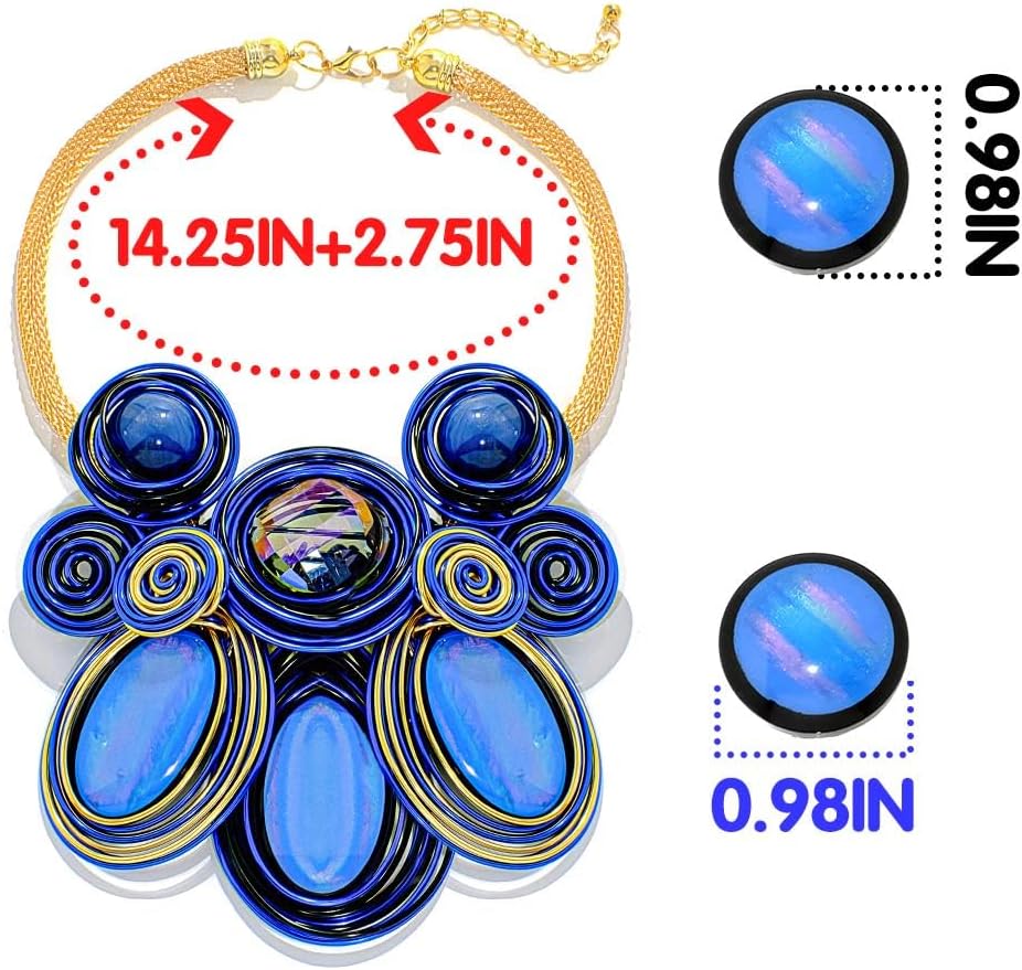 Statement Necklace and Earring Set, Purple Spiral Wire Design with Iridescent Stones,Gold Mesh Chain - Image 3