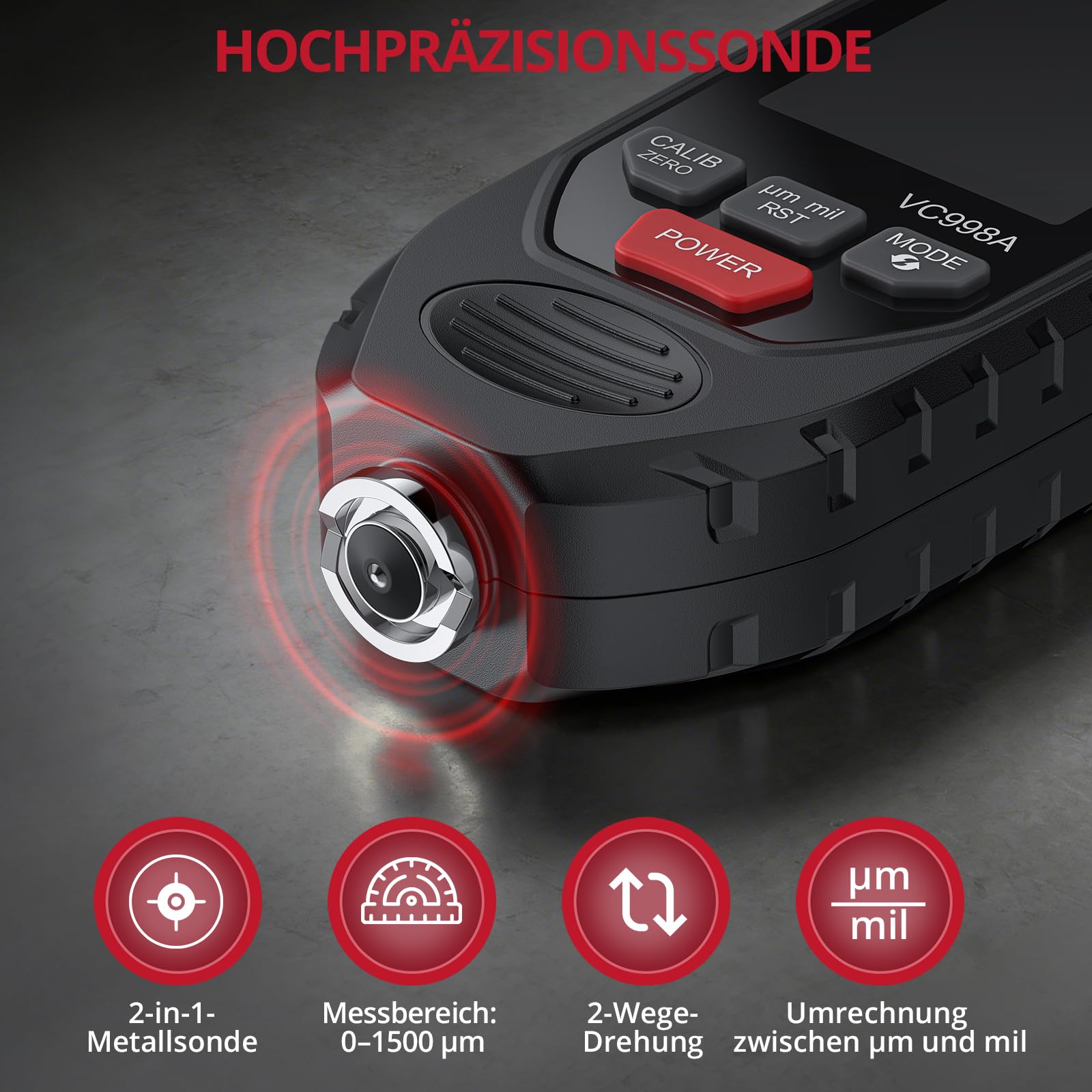BINTA Lackmessgerät Auto, Schichtdickenmessgerät Autolack Lackdickenmessgerät für Auto Car Karosserie 0-1500μm LCD Display für Eisen Aluminium