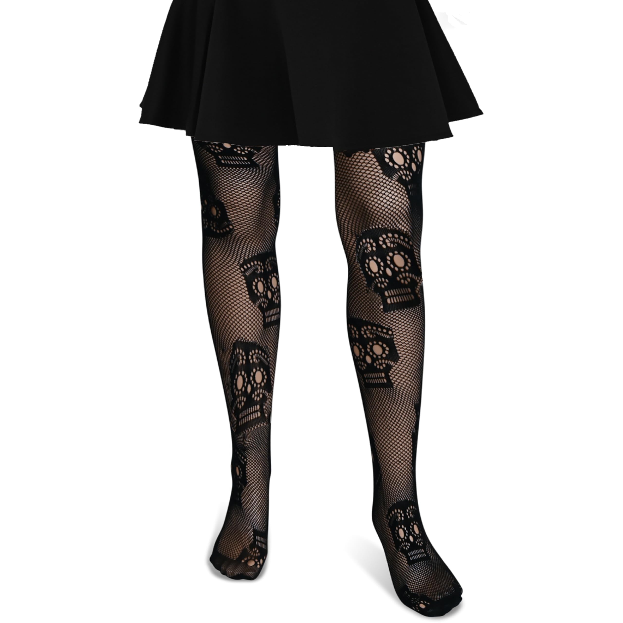 Skeleteen Women's Black, White Black Fishnet Skull Stockings Tights - Gothic Day Of The Dead Halloween Fish Net Pantyhose With Ripped Skeleton Sugar Skulls Stockings For And Teens