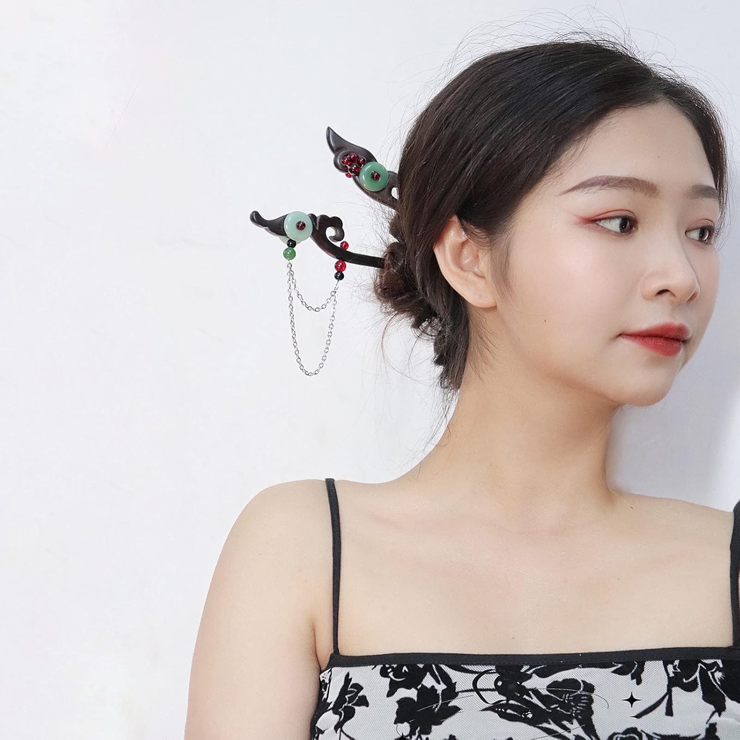 簪 チャイニーズ ジェイドフェイス チタン スチール タッセル付き エボニー ヴィンテージ ヘアピン