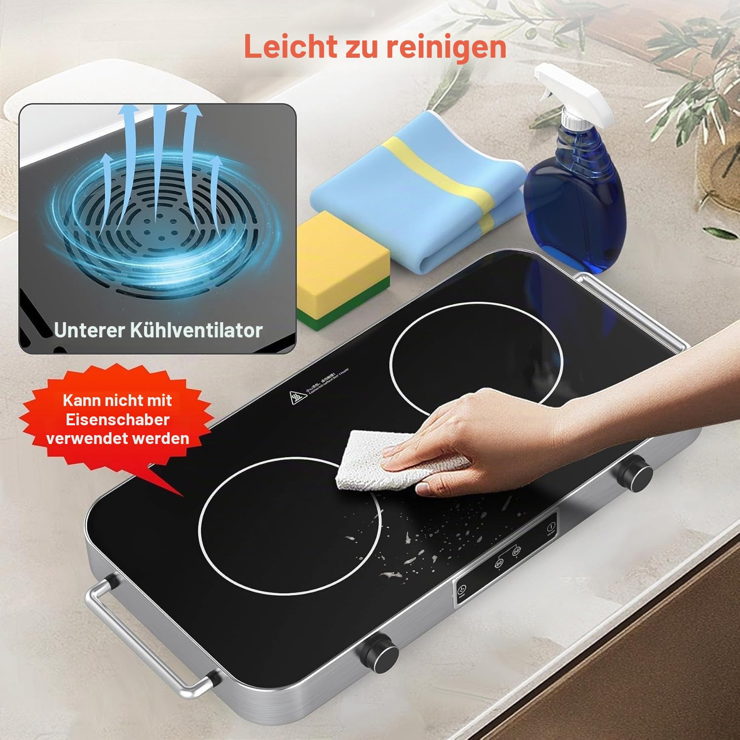 Glaskeramikkochfeld 2 Platten 2200W Elektrische Doppelkochplatte 48 cm mit Timer Tragbares Infrarotkochfeld