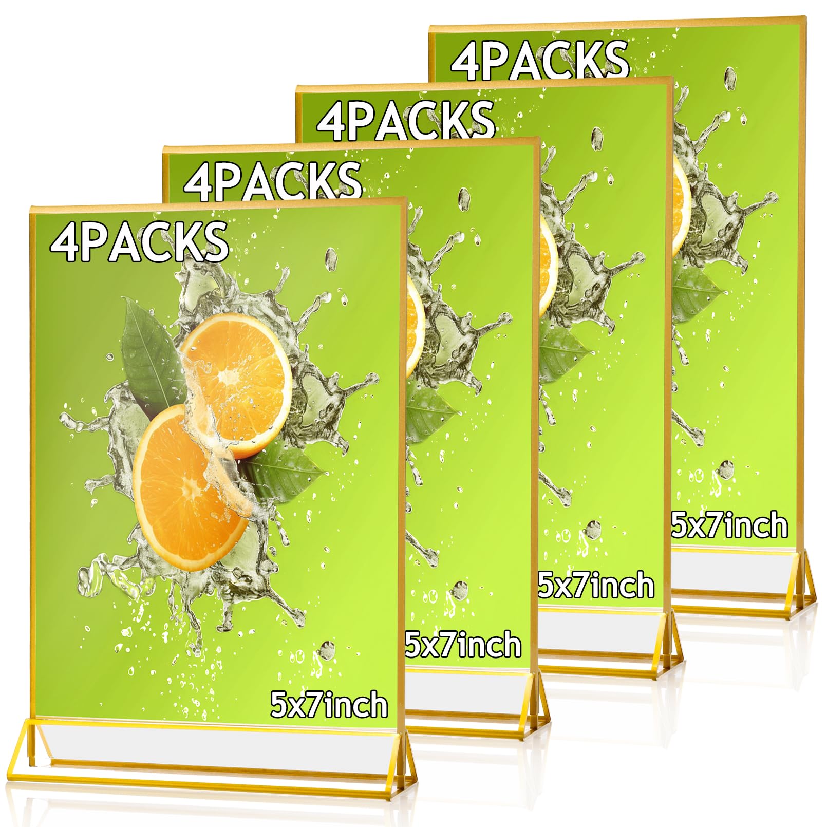 Cptoion 4 Pack Acrylic Sign Holder,5X7 Clear Acrylic Frames Display Stand,Gold Picture Frames,Double Sided Table Menu Holders Display for Wedding Table Number, Restaurant Recipe, Photo (5X7 Inch)