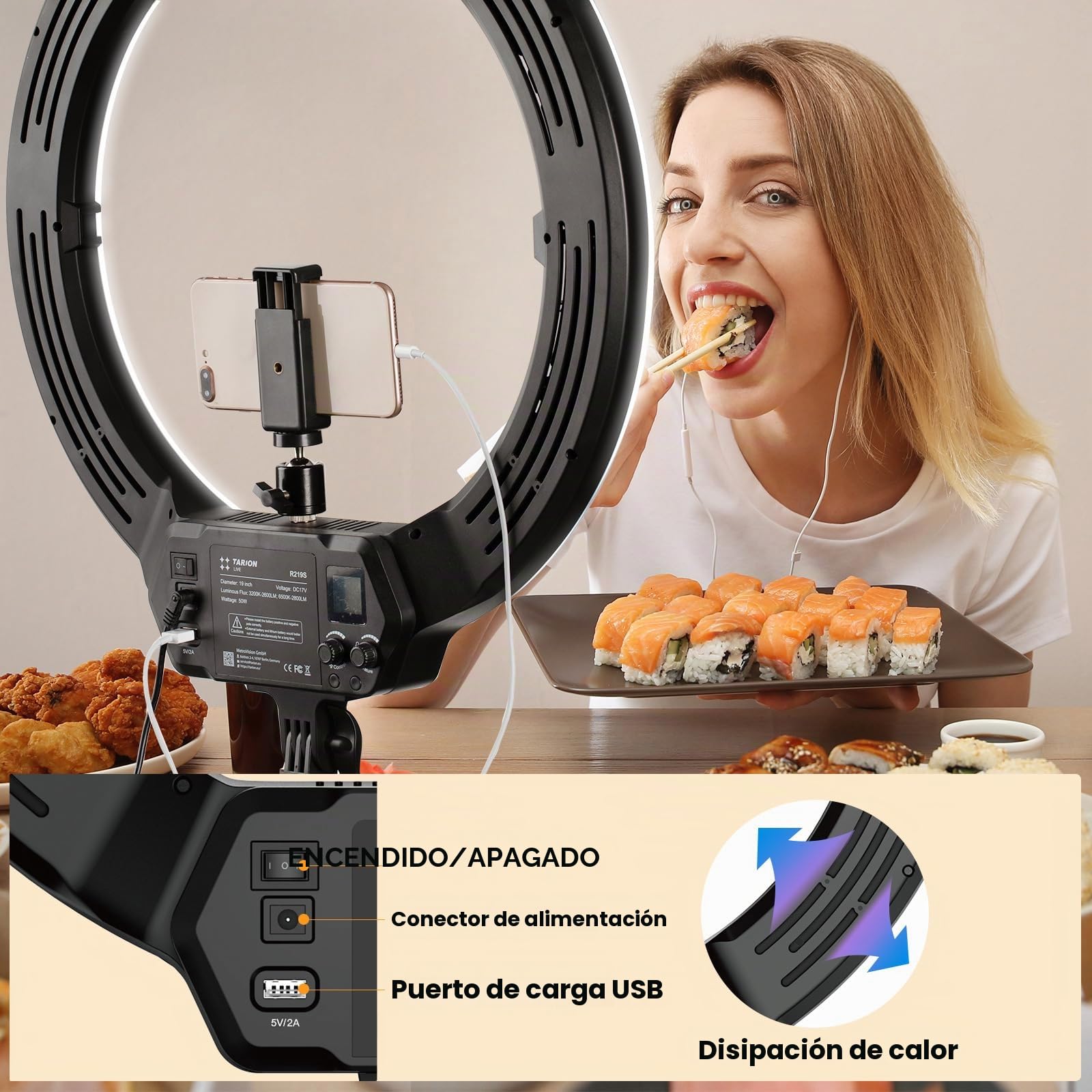 TARION R219S Anillo de luz LED con Soporte para trípode, luz Circular Grande Regulable de 19 Pulgadas con Soporte para teléfono para transmisión en Vivo, Video, Selfie, fotografía, Maquillaje