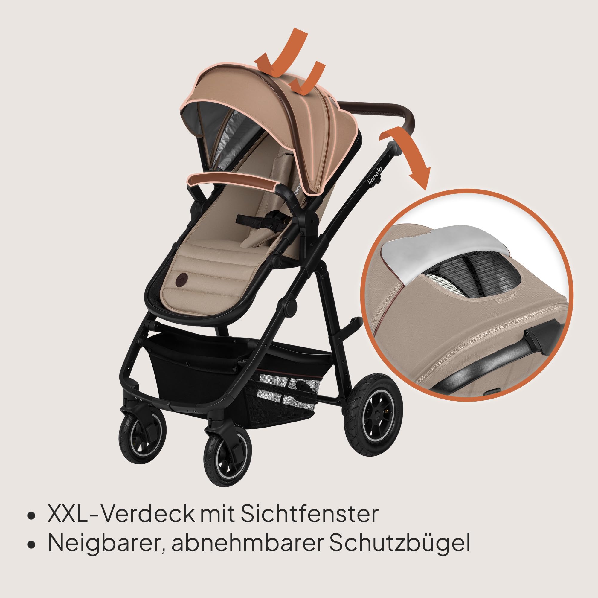 LIONELO Amber 3-in-1 Kombikinderwagen Babywanne Sportsitz i-Size Autositz 40-87 cm Luftreifen wendbar XXL-Dach UPF 50+
