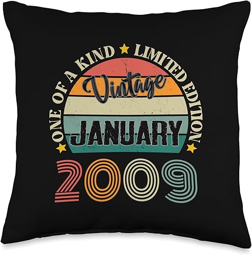 15 Year Old Vintage January 2009 15th Birthday Retro Throw Pillow, 16x16, Multicolor