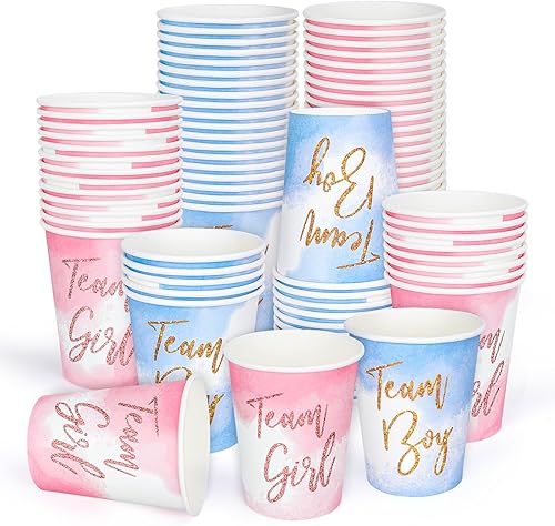 Whaline 50 vasos de papel para fiesta de revelación de género, color rosa, azul, equipo niña, niño, revelación de género, tazas desechables para