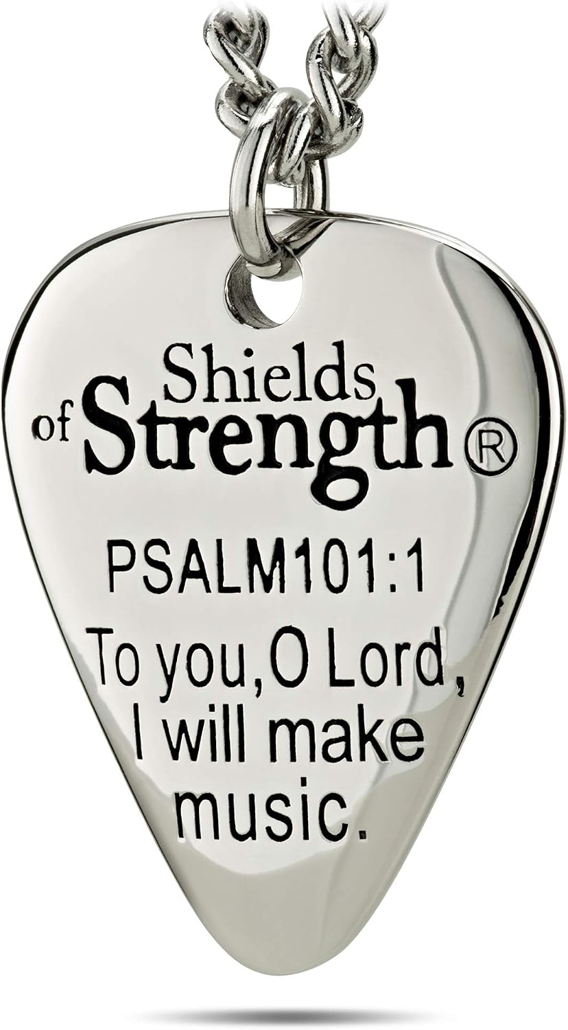 Shields of Strength Men's Stainless Steel Guitar Pick Necklace - Psalm 101:1