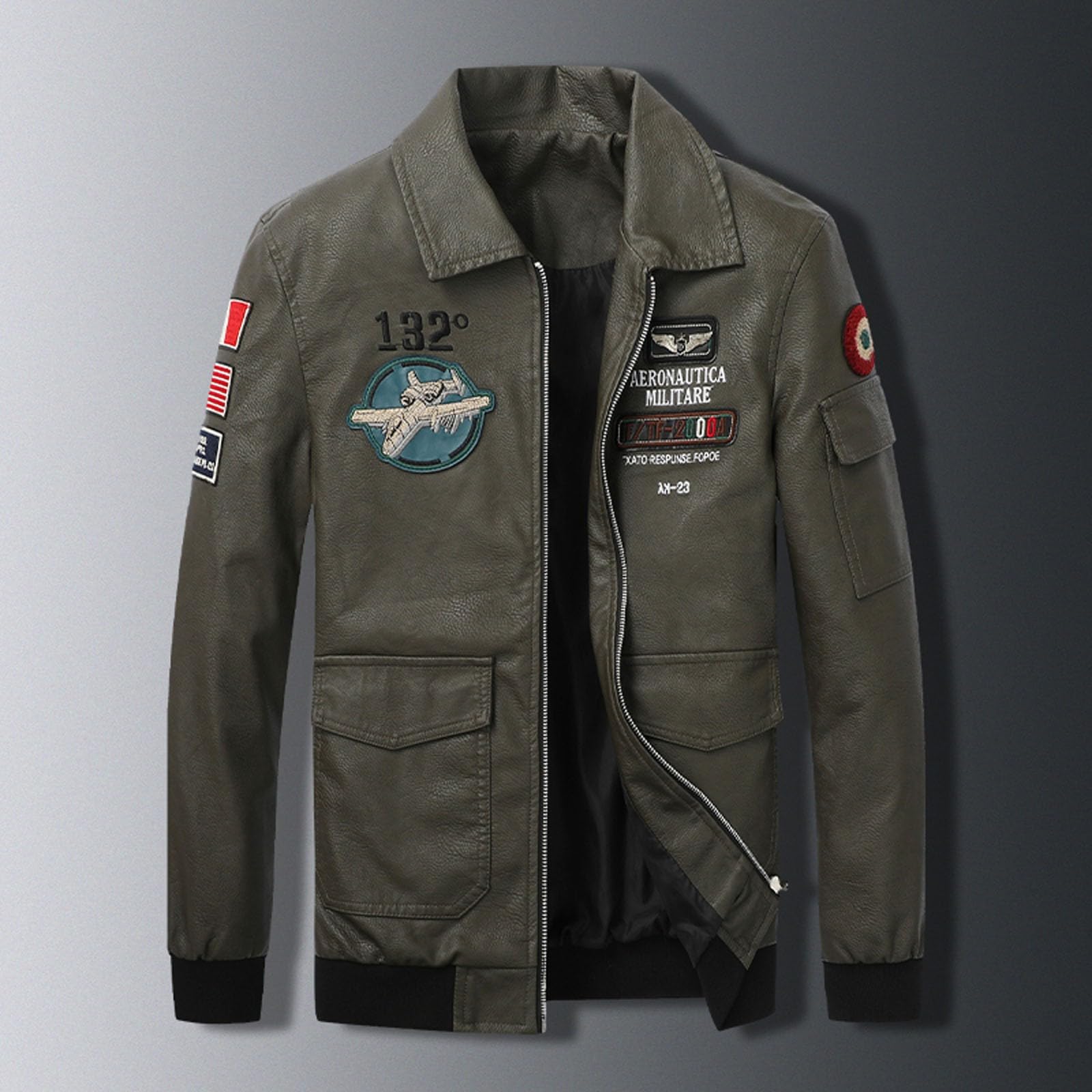 Generisch Giacca in pelle da uomo calda giacca invernale da pilota con distintivo aviatore, giacca softshell bomber stile militare, giacca da aviatore, giacca in pelle sintetica