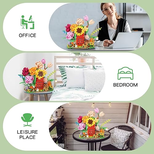 Miniatura 4 de Allhero Juego de construcción de ramo de rosas con cabina telefónica, bicicleta, lindo animal, kit de construcción de ramo de flores coloridas para