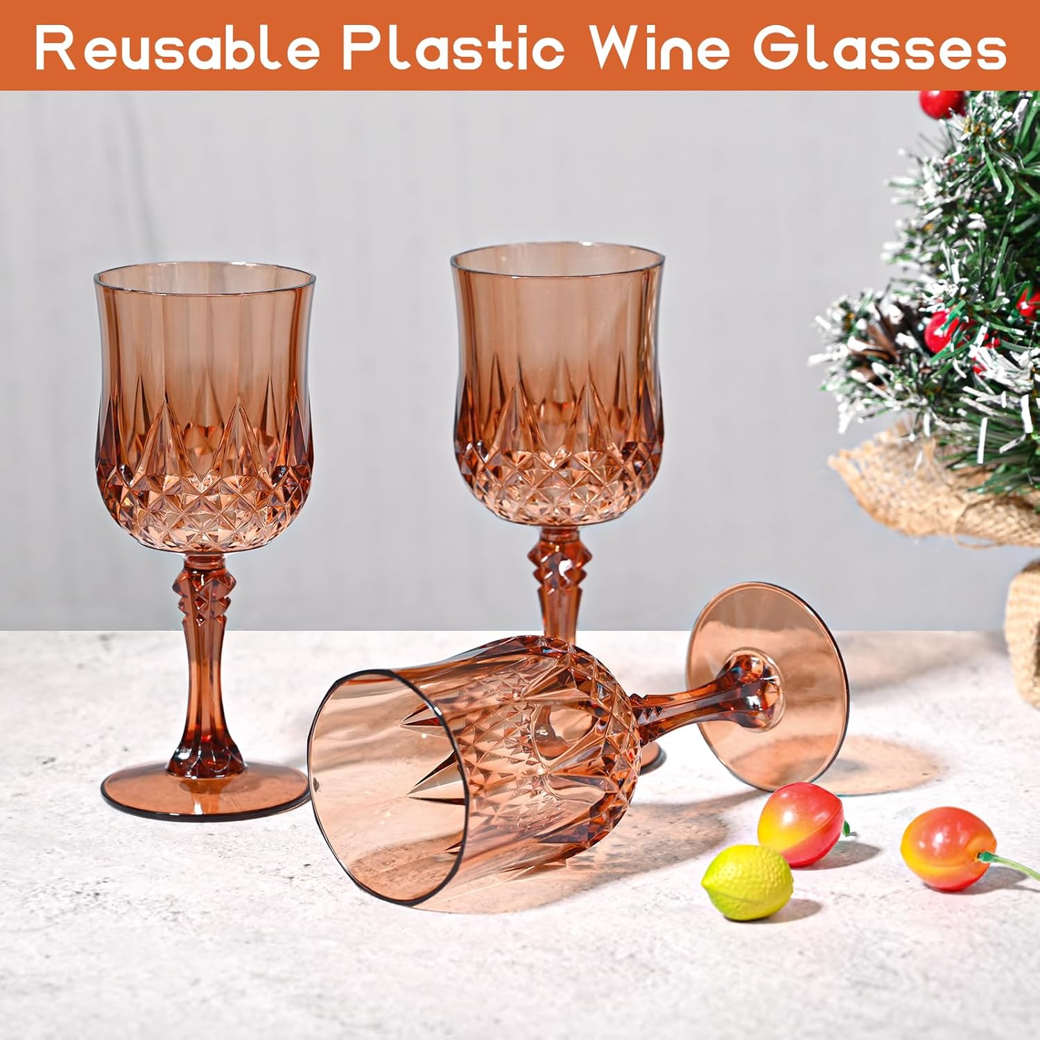 24 Pcs Rose Gold Plastic Wine Glasses, Plastic Goblets for Parties, Vintage Wine Glasses Bulk, Reusable Drinking Glass, Drinkware Cups for Wedding Party Reception Event Supplies