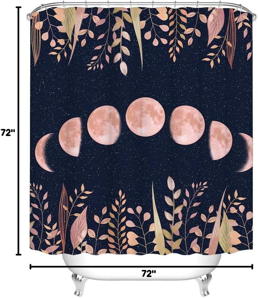 RnnJoile Moon Shower Curtain Witchy Space Moon Phase Curtains Magic Cottagecore Bathroom Decor Black and Blush Zodiac Fabric Curtains with Hooks 72"X72"Inches