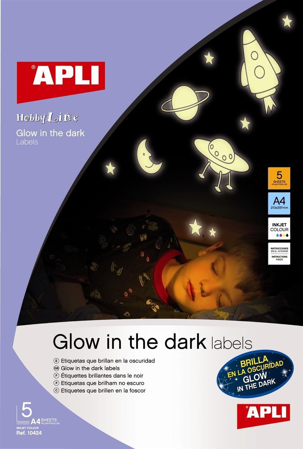 Apli 010424 5 x A4 Sheets of Glow-in-the-Dark Labels, 210 x 297 mm