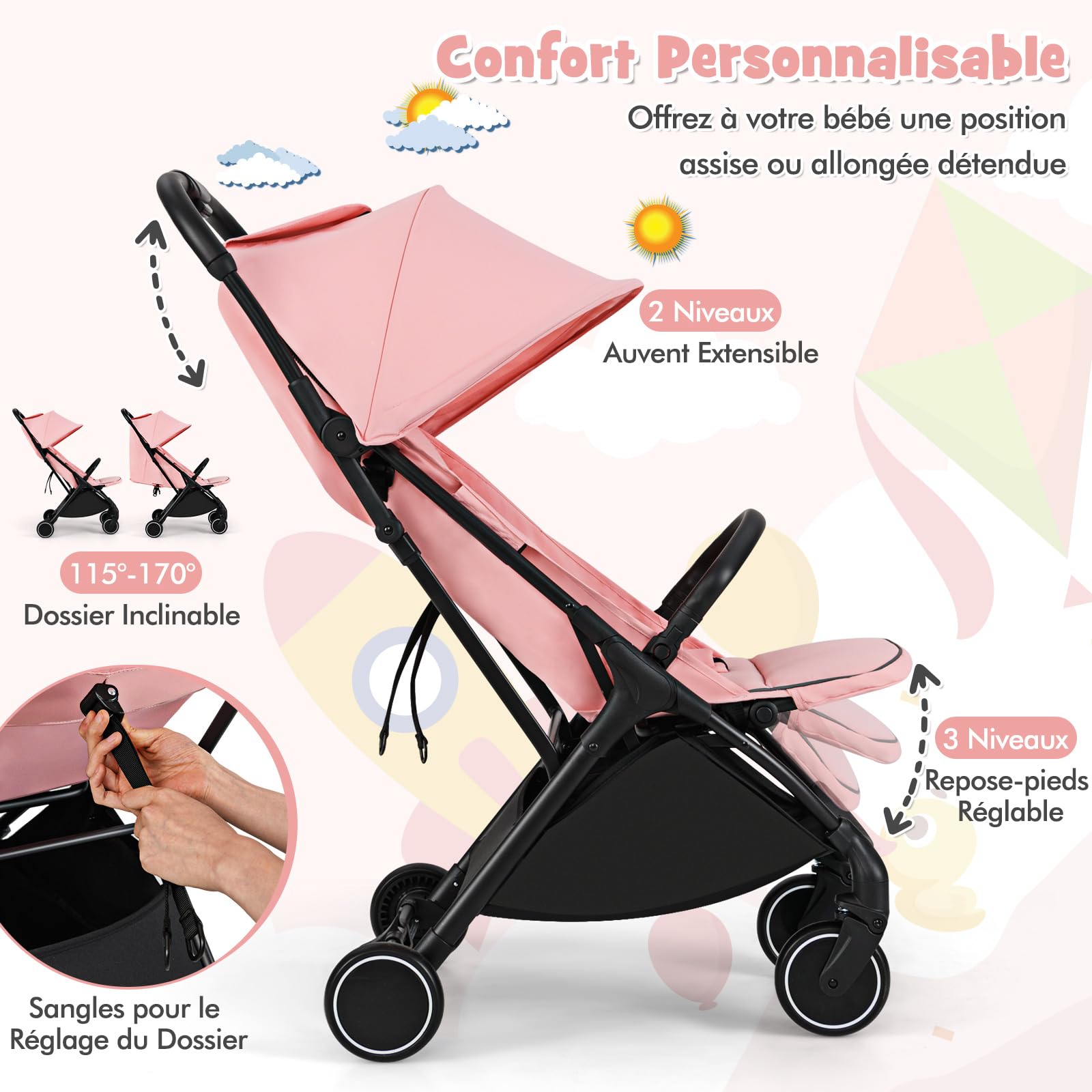 COSTWAY Poussette Canne Bébé 0-3 Ans(Charge 15 kg) avec Dossier & Repose-pieds Réglables, Pliable à une Main, Pousette Légère et Compacte en Aluminium avec Auvent & Frein, Harnais à 5 Points, Rose
