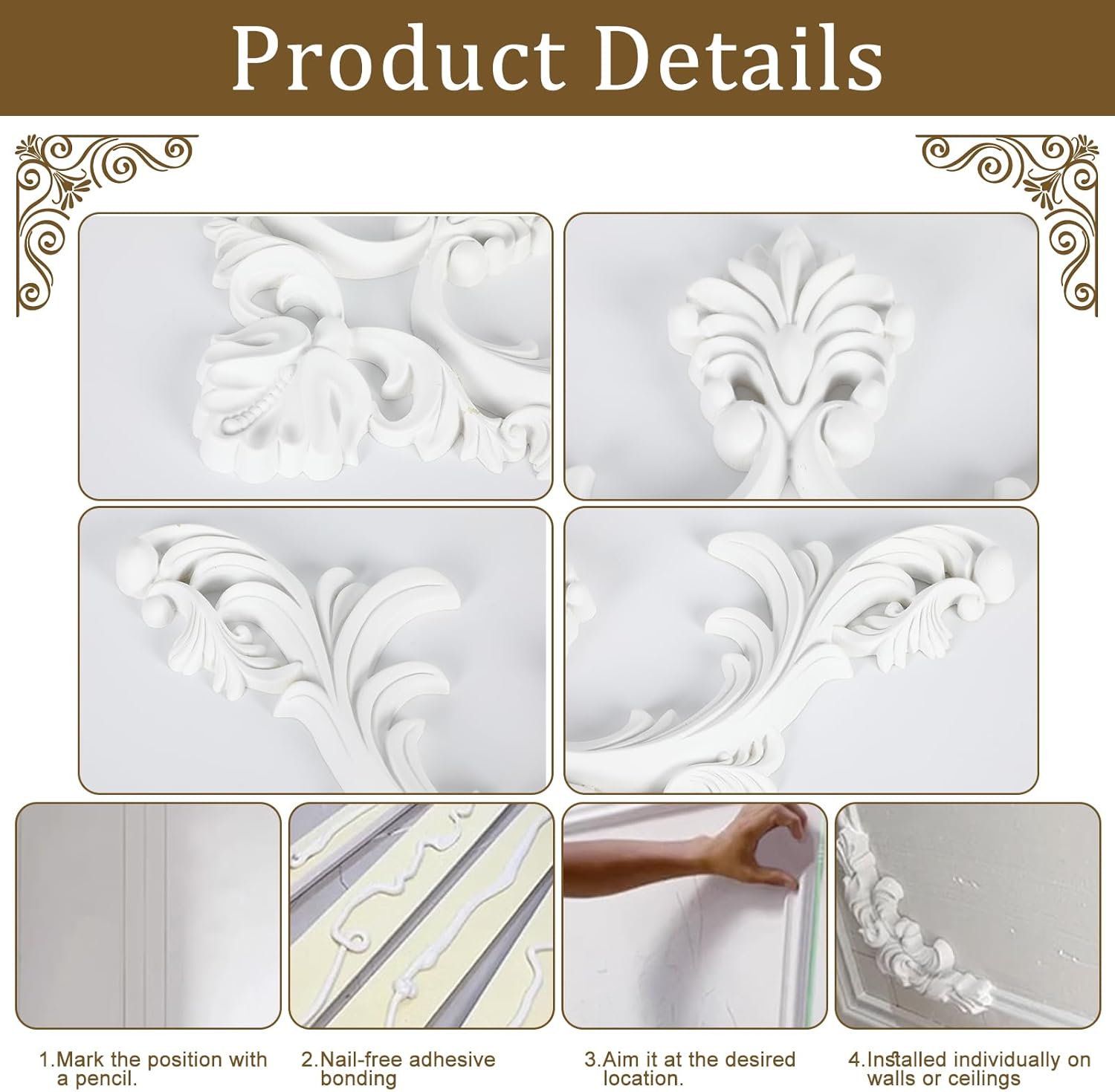4 Pcs PU Ceiling Molding Kit 13.4 x 13.4 in Corners Decoration Murals Trim Premade Flowers Pattern French Style Wall Decor for Ceiling Decorative Panels for Wall
