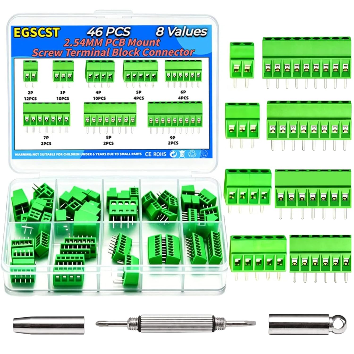 54PCS 2.54mm 0.1" Pitch PCB Mount Screw Terminal Block Connector Kit, 2P 3P 4P 5P Screw Terminals for Circuit Board Wire Connectors, 150V 6A, Compatible with DIY Boards, Includes Screwdriver