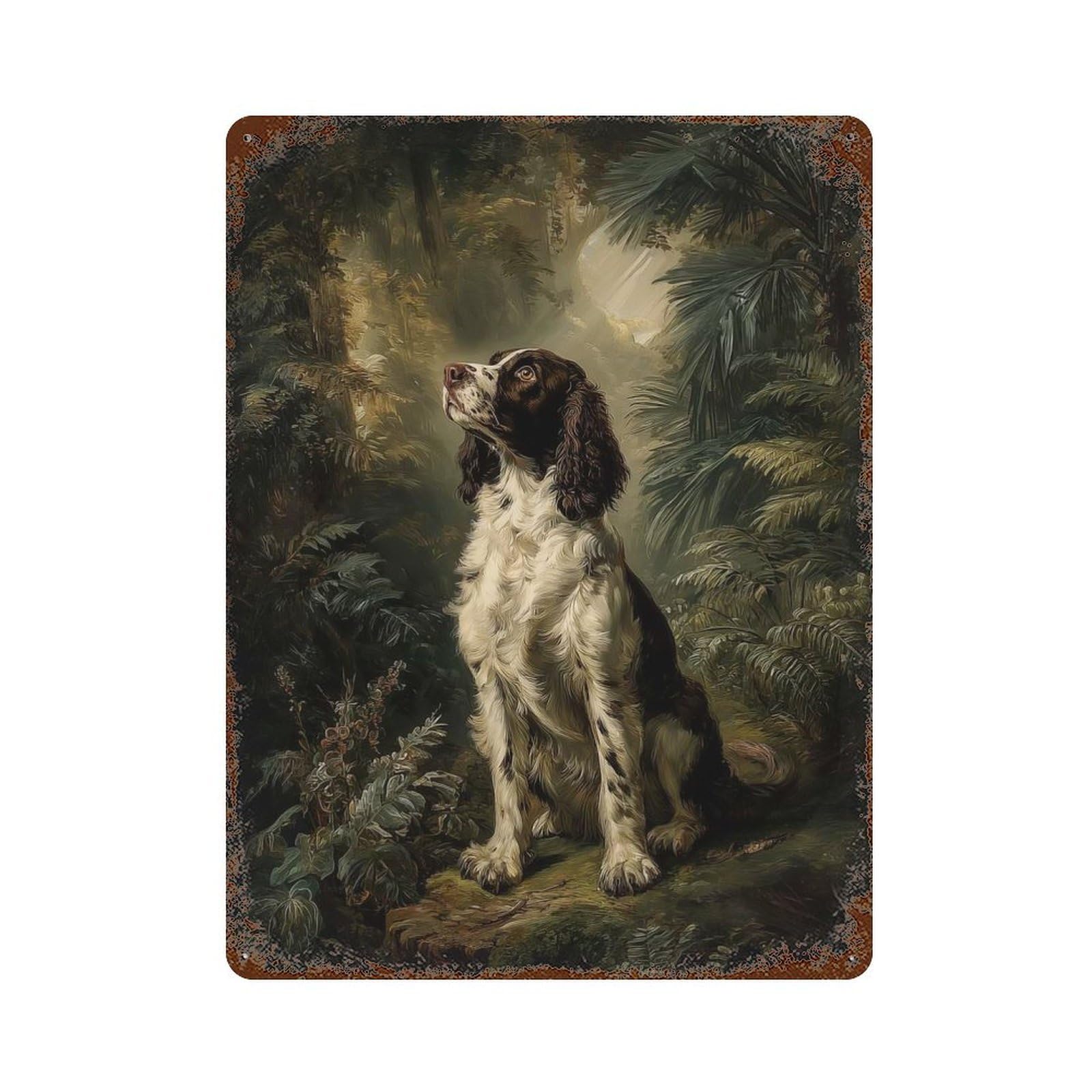 Aged Metal Wall Plaque with Springer Spaniel in Forest Design 15.7"x11.8", for Basement, Hobby Room And Garage Decor, Classic Wall Plaque