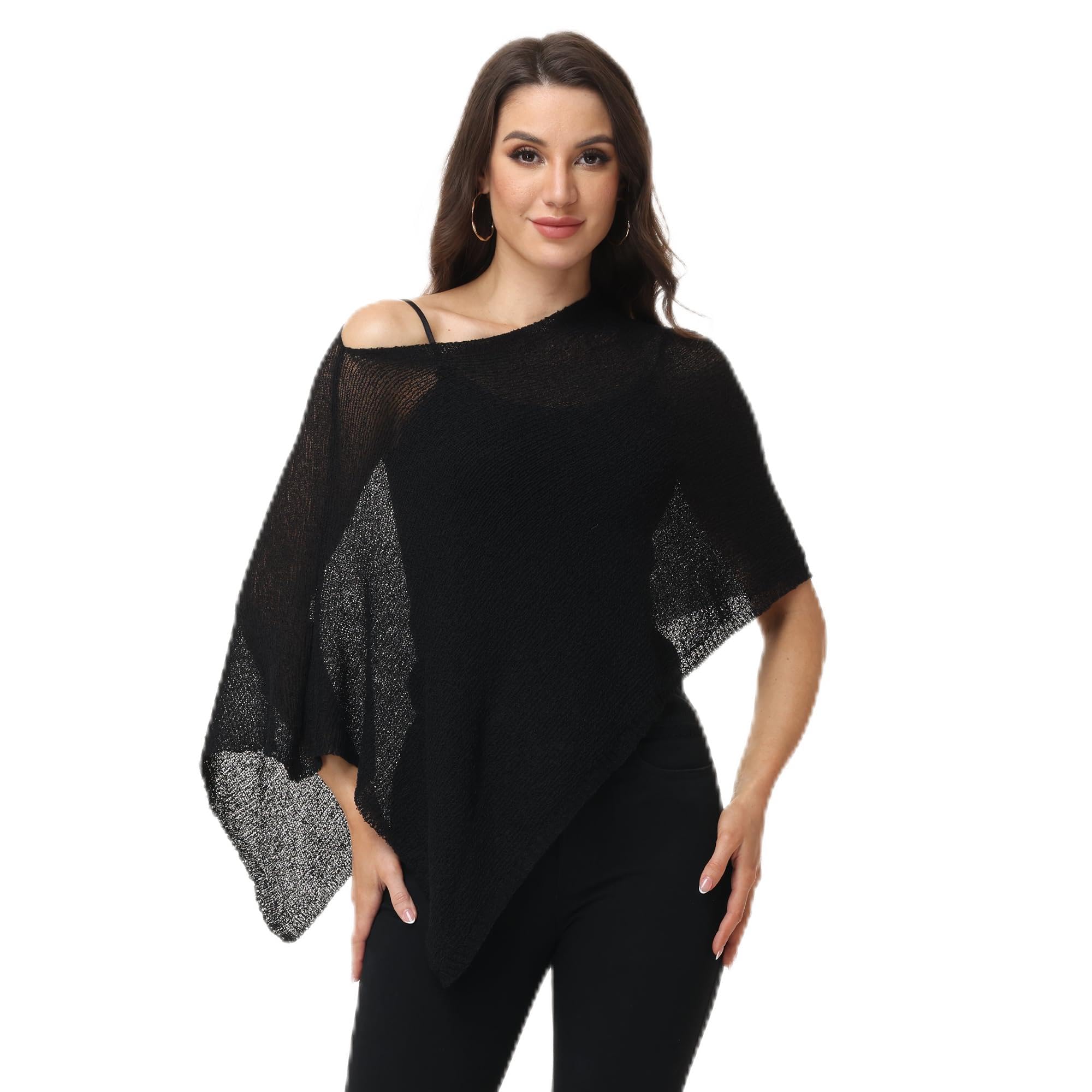 Ladiery Women's Black Sheer Poncho Top Swimsuit Cover Up - Asymmetrical Shrug For Evening Dresses, Formal Beach & Resort Cape (Black)