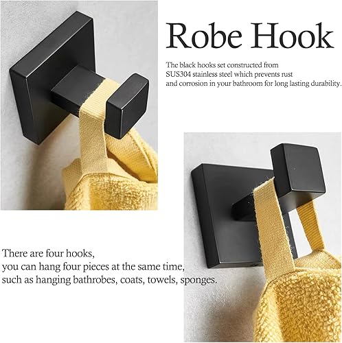 Miniatura 3 de Ralbay Ganchos negros para toallas de baño, paquete de 4 ganchos de acero inoxidable SUS 304, ganchos de baño negro mate, gancho para bata de