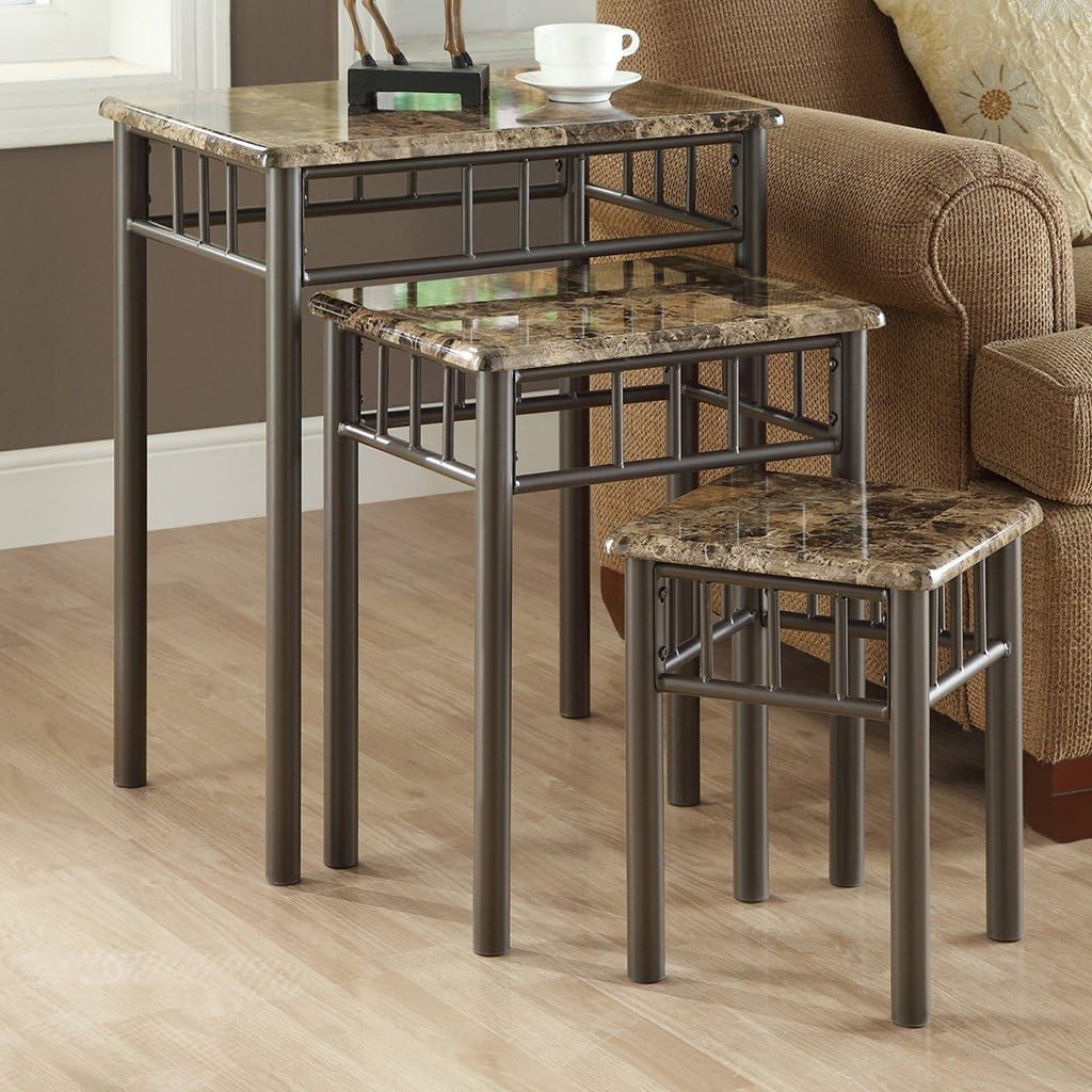 Monarch Specialties Bronze Metal Nesting Table Set with Cappuccino Marble Top, 3