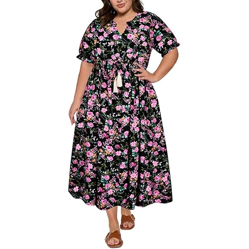 RITERA Plus Size Midi Dress for Women Casual V NeckShort Sleeve Ruffle Flowy Boho Drawstring Tassel Waist XL-5XL