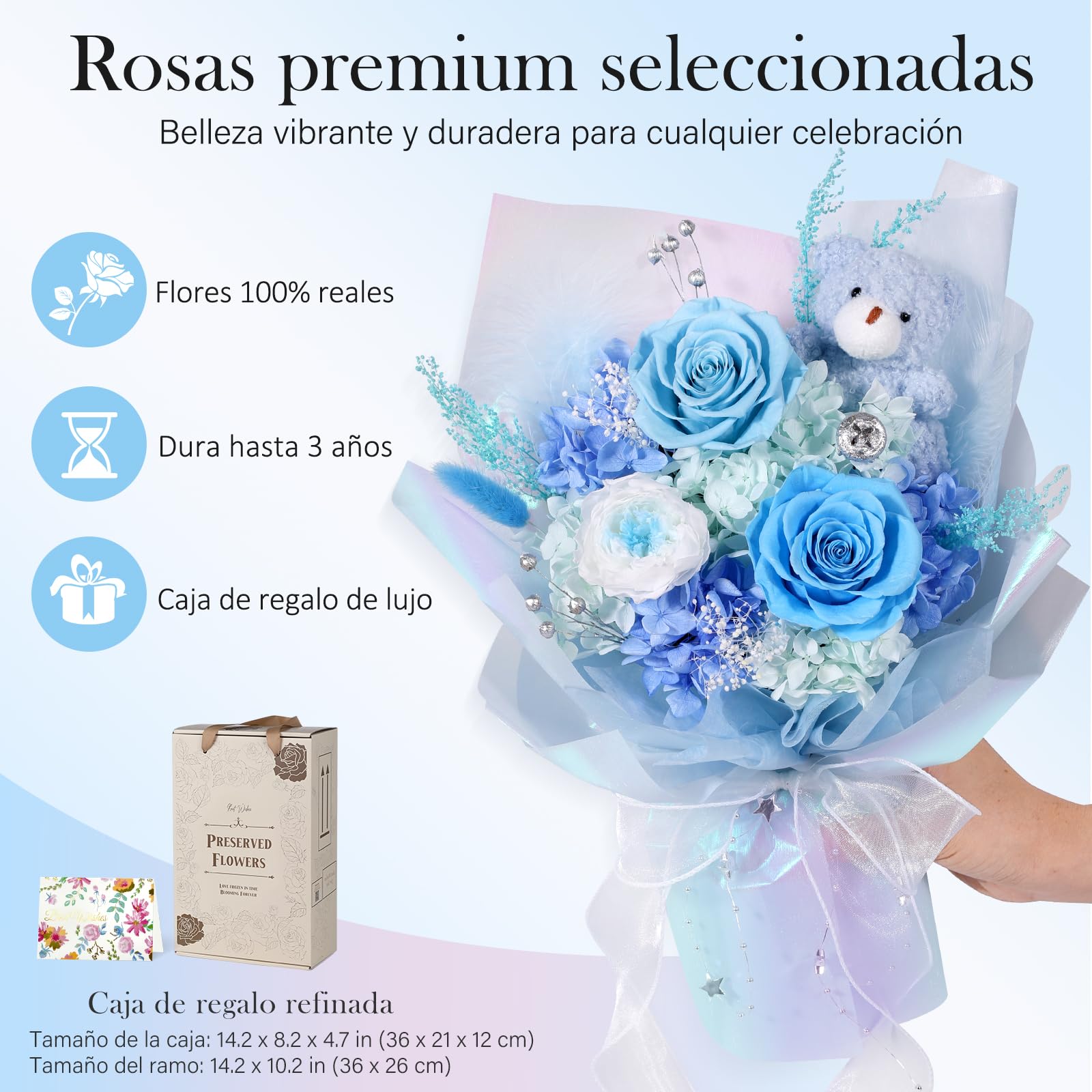 Ramo de Flores Preservadas con Osito, Rosas Eternas Azules, Regalo Mujer | Regalo de 3 rosas preservadas en San Valentín, aniversario, cumpleaños o Día de la Madre, para mujer, novia, esposa o madre
