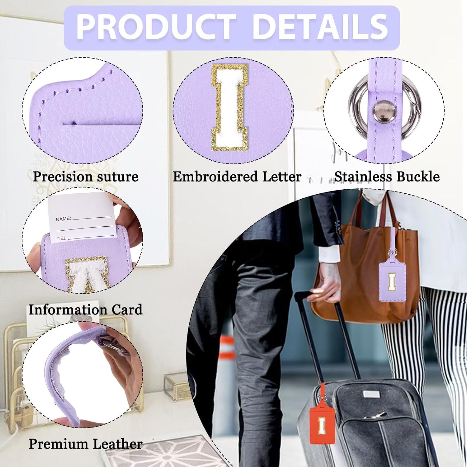Personalized Initial Luggage Tags for Suitcases, Leather Chenille Letter Cute Luggage Tags with Privacy Name Card, Embroidered Travel Bag Backpack Tag Gifts for Women Kids Girls Teens(Purple-I) image 3