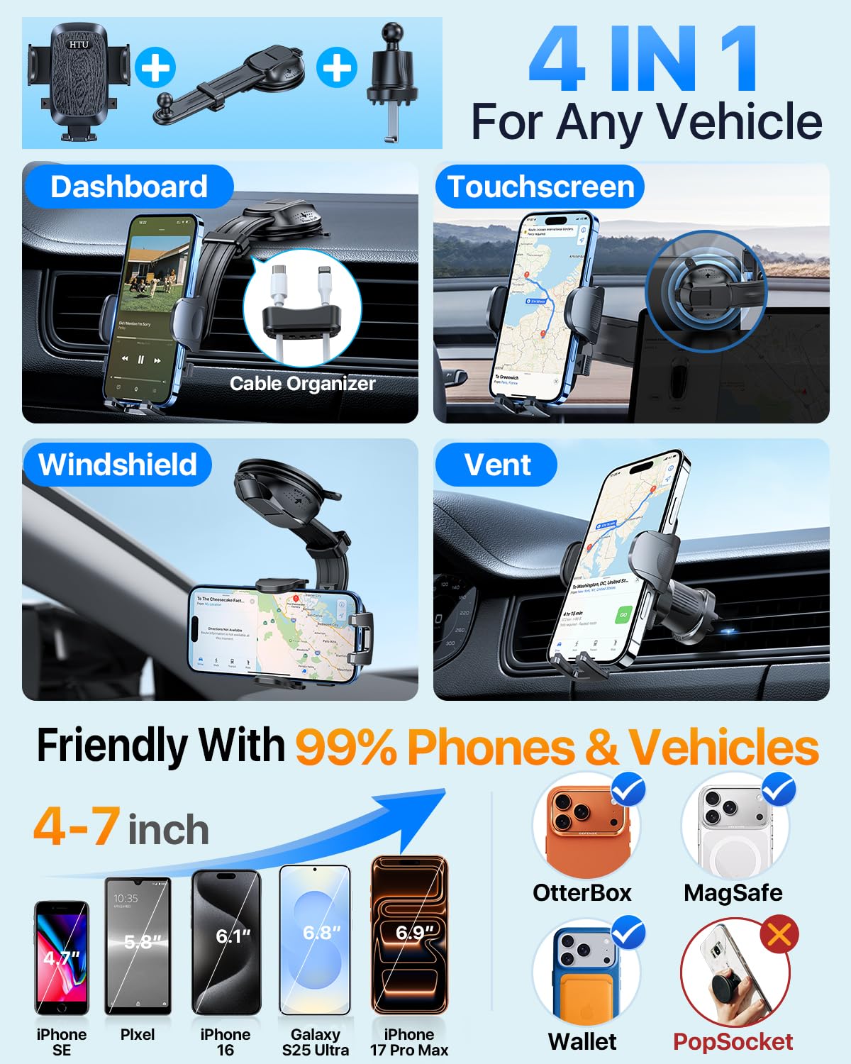 HTU Soporte de teléfono de coche con ventosa más fuerte mejorado, brazo flexible, nunca bloquea la vista, soporte giratorio para salpicadero y parabrisas, soporte de cuna para iPhone 17, 16, 15, 14