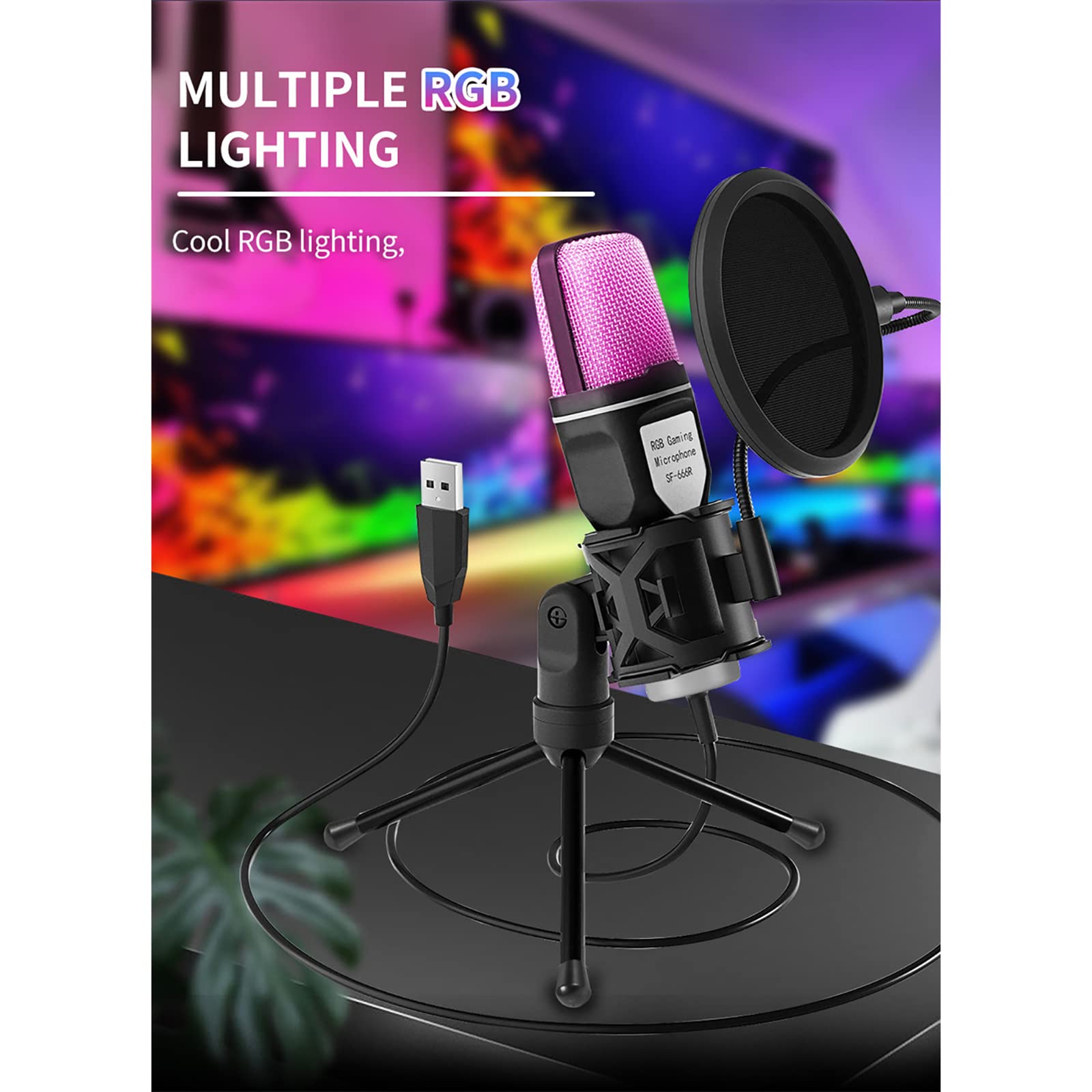 Mikrofon Komputerowy, RGB 7 Mikrofon Do Grania Z Gradientem Kolorów Z Filtrem Pop I Składanym Stojakiem Do Studia Podcastów Streaming Laptop Komputer Stacjonarny