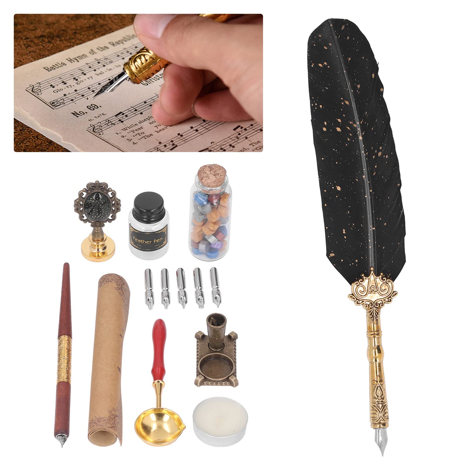 Pen Set Calligraphy Pen, Retro European Quill Pen Set with Stainless Steel Nibs and Brass Base, Wax Seal Kit for Hand Lettering, Wedding Invitations, Journaling (Punto Nero)