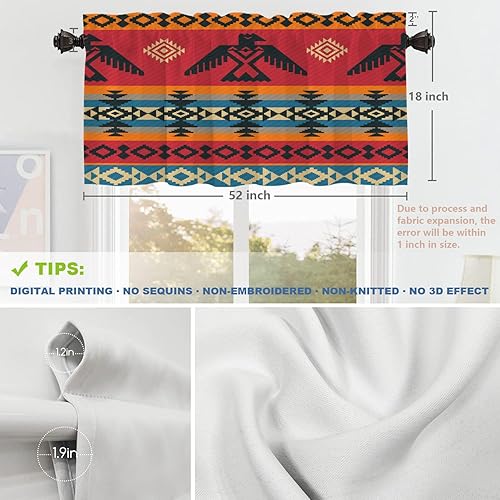 Vista 5 de Shrahala Ethnic Geometric Tribal Kitchen Valances Half Window Curtain, Native American Navajo Tribal Design Print Kitchen Valance for Window Ink