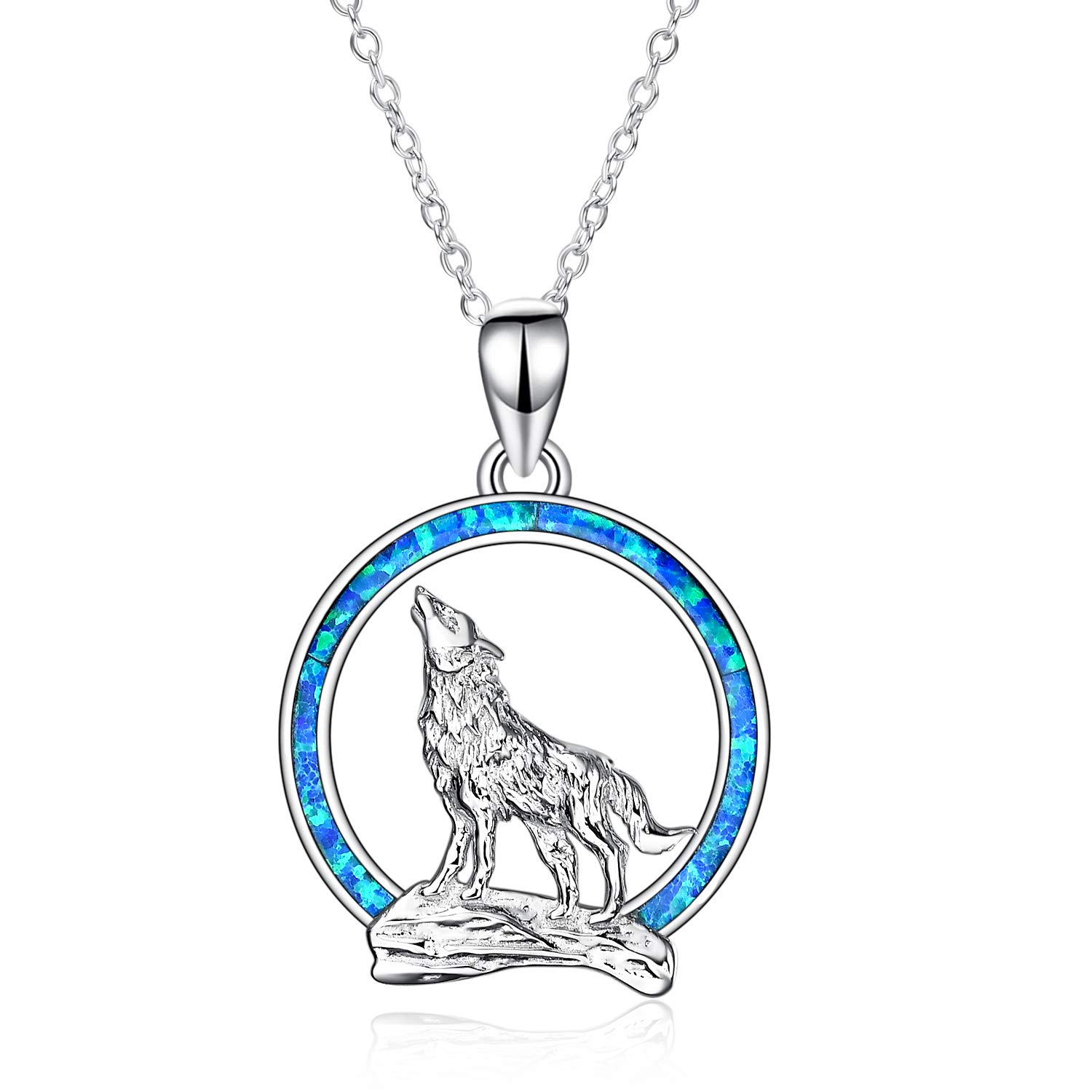 YFN Collar con Colgante de Lobo de Plata de ley 925 con Collar de Luna de ópalo 18 "Joyería del día de Cumpleaños para Novia y Esposa