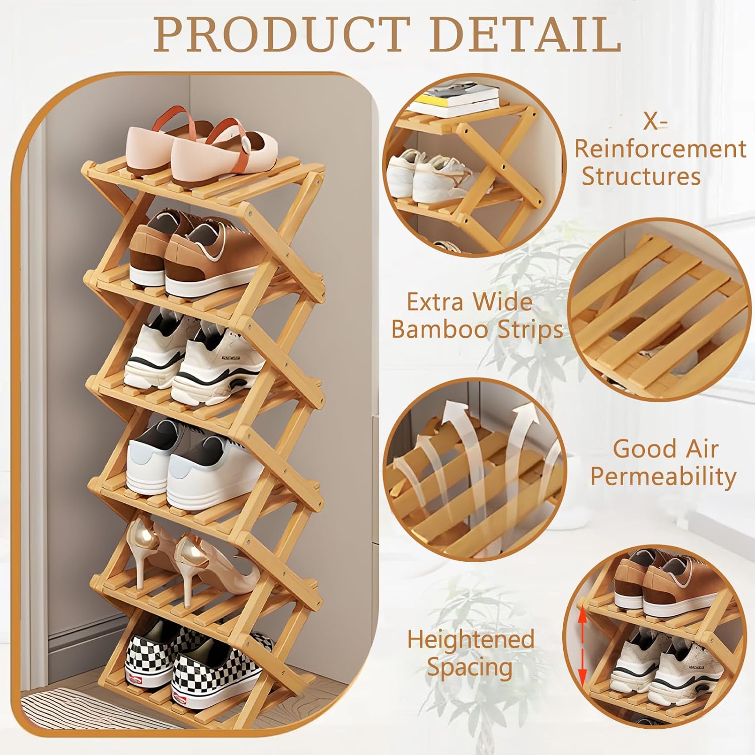 8 Tier Natural Bamboo Shoe Rack,Foldable Space Saving Shoe Storage Organizer,Easy Assembly & Strong Design Shoes Stand Shelf Organiser for Closet (Primary Color, Eight Layers)