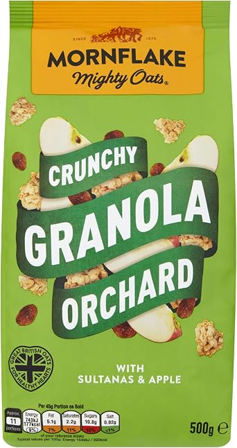 Mornflake - Crunchy Orchard Granola. 12x 500g Sachets Bags. High Fibre Granola Cereal Multipack, Breakfast Cereal with Sultanas & Dried Apple Slices Mix, All Natural Ingredients (Pack of 12)