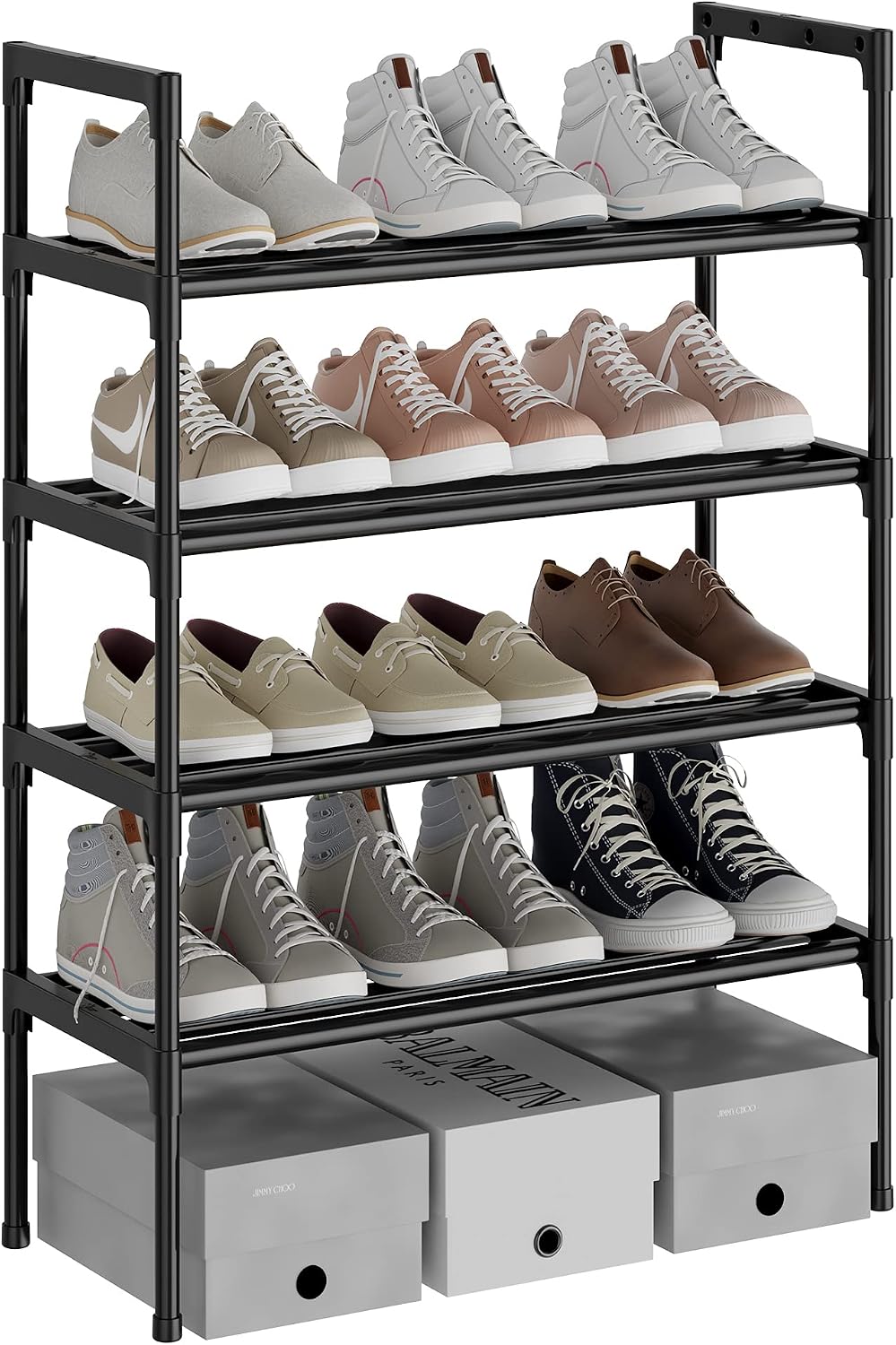 AcornFort® S-532 4 Tiers 12 works Black Extra Thicken Adjustable Small Shoe Storage Rack Organiser Shelf Hold Stand,Sturdy Design,Space Saving,Easy Assemble