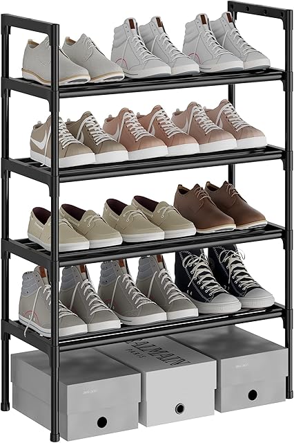 AcornFort® S-532 4 Tiers 12 Pairs Black Extra Thicken Adjustable Small Shoe Storage Rack Organiser Shelf Hold Stand,Sturdy Design,Space Saving,Easy Assemble