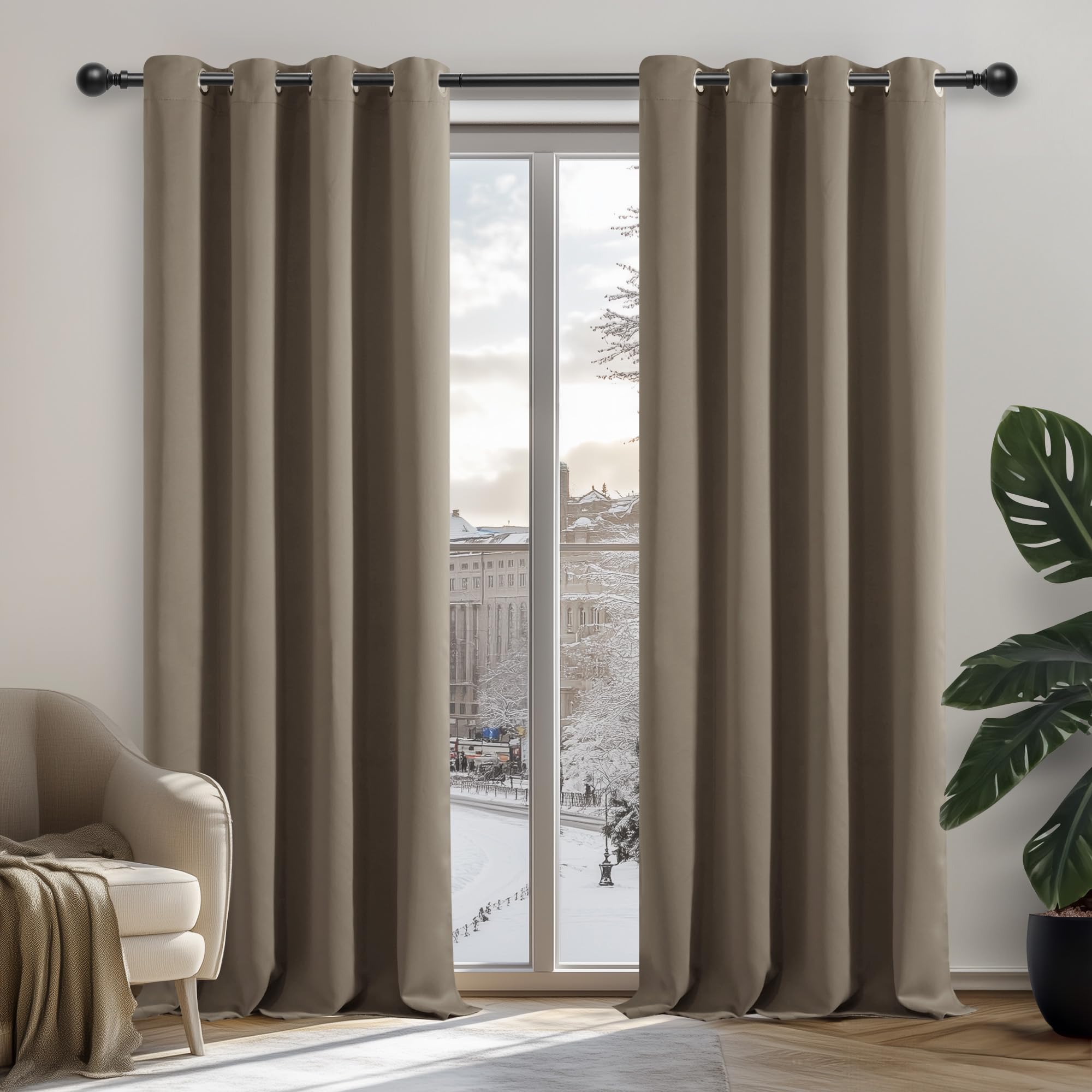 Deconovo Tende oscuranti termiche, anti freddo, dal design moderno con occhielli, tende per camera da letto di ragazzi, da 132 x 214 cm (l x H), set da 2 pezzi, colore tortora
