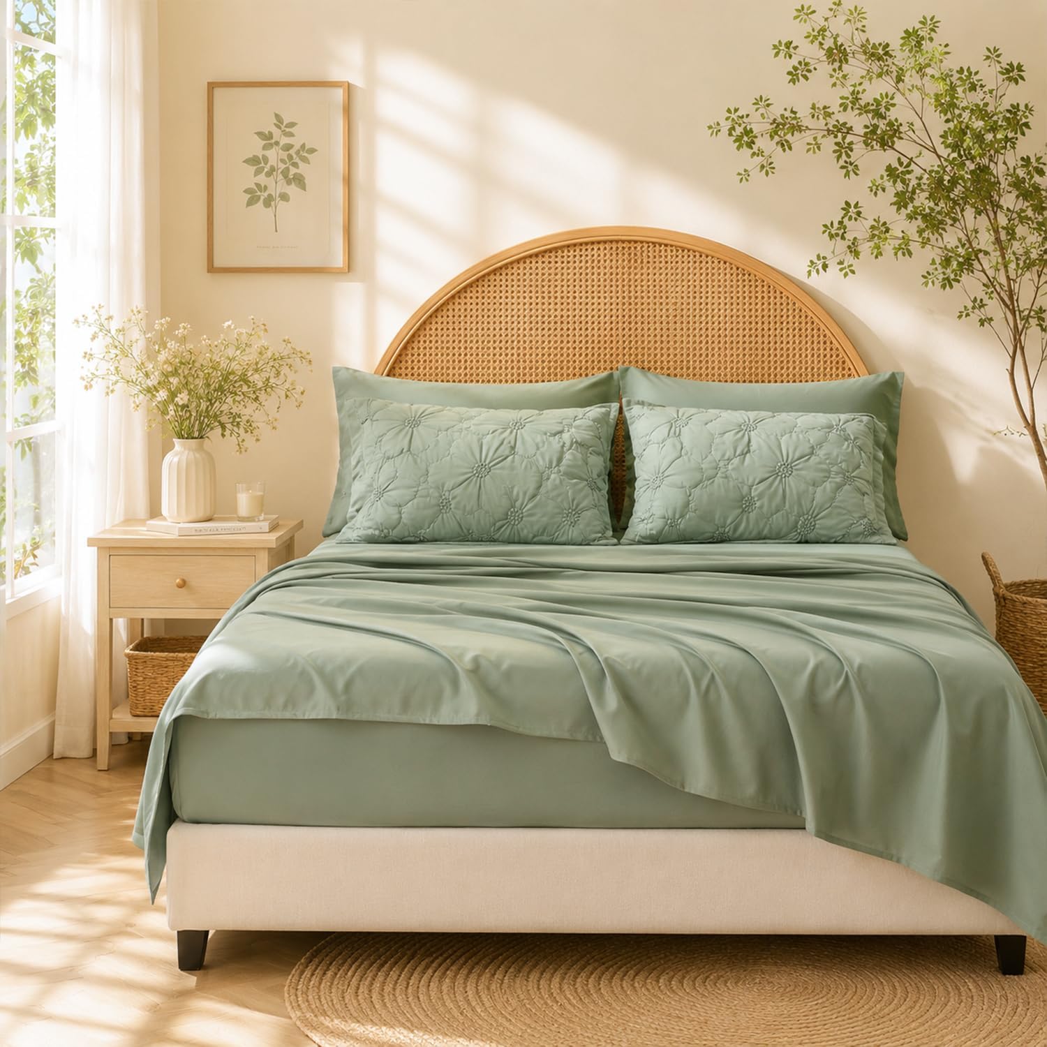 7 Piece Comforter Set, Pintuck Floral Bedding Set with Sheets & Pillowcases, Soft Fluffy All Season Comforter Set, Lightweight Breathable Bed Set for Bedroom Guest Room Dorm (Green, Queen, Flowers)