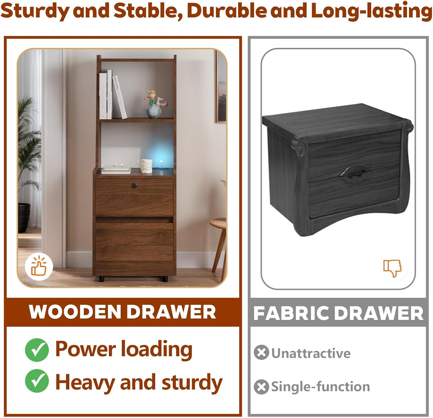 Modern Smart Nightstand with Night Light & Charging Station, Night Stand with Bookshelf, Lockable Bedside Cabinet Tables with 2 Storage Drawers for Bedroom Home Office (Brown)