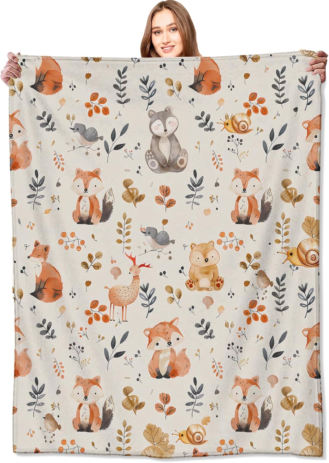 VODRM Cute Woodland Animal Blanket,Cartoon Fox, Owl, and Deer Throw Blankets,Gifts for Kids & Animal Lovers,Lightweight Soft Fleece,for Picnic Sofa Couch Bed Room Travel,Birthday Decor,50x60in
